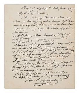 AUDUBON, John James (1785-1851). Autograph letter signed ("John J. Audubon") to his son Victor. Pittsfield, [MA], 11 September 1844.  One page, 4to (2