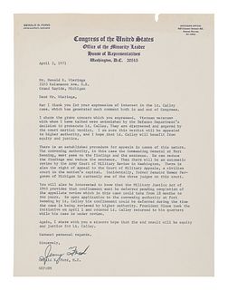 FORD, Gerald (1931-2006). Typed letter signed ("Jerry Ford"), as House Minority Leader, to Donald E. Wieringa. Washington D. C., 2 April 1971. 1 page,