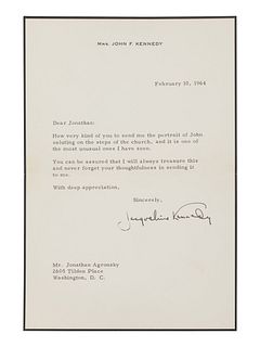 KENNEDY ONASSIS, Jacqueline Bouvier (1929-1994). Typed letter signed ("Jacqueline Kennedy"), to Jonathan Agronsky. N.p., 10 February 1964. 1 page, 8vo