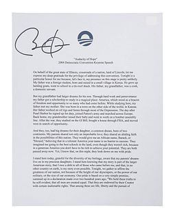 OBAMA, Barack. Duplicated typescript of his 2004 Democratic Convention Keynote Speech, entitled "Audacity of Hope." [c.2008]. 4 pp., 4to. SIGNED BY OB
