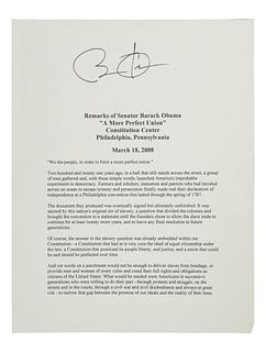 OBAMA, Barack.  Duplicated typescript of his speech entitled "A More Perfect Union," delivered at the Constitution Center in Philadelphia, March 18, 2