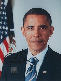 OBAMA, Barack. Photographic print official portrait of President Barack Obama, photo by Pete Souza, signed "Barack Obama". [N.d., ca 2009]. 8vo, visib