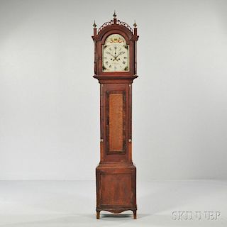 Red-stained Birch Bird's Eye Maple and Mahogany Veneer Tall Case Clock