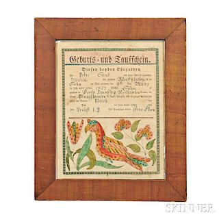Birth and Baptismal Printed and Watercolor Certificate Fraktur