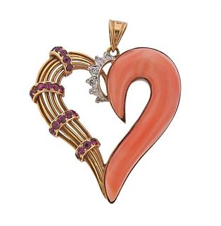 14K Gold Diamond Ruby Coral Heart Pendant