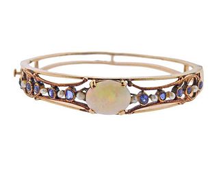 Antique 14K Gold Opal Blue Stone Pearl Bangle Bracelet