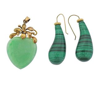 18k Gold Malachite Earrings Jade Heart Pendant 