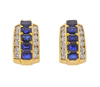 18K Gold Diamond Sapphire Half Hoop Earrings