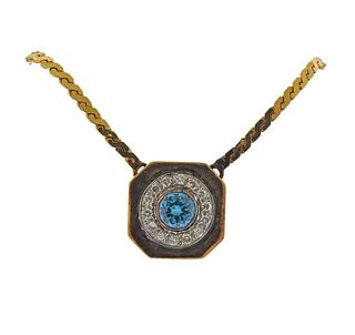 Unoaerre 18K Gold Diamond Blue Stone Pendant on Necklace