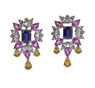 18k Gold Multi Color Sapphire Diamond Earrings 