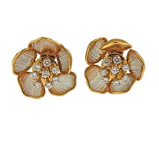 Continental 18k Gold Diamond Flower Earrings 