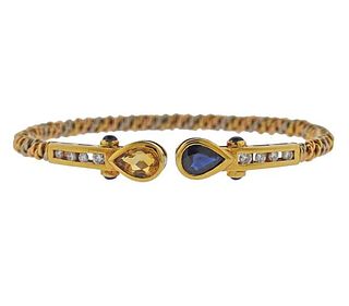 18k Gold Diamond Sapphire Citrine Cuff Bracelet 