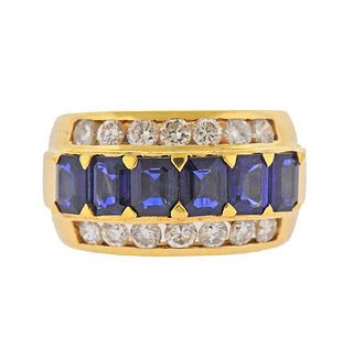 18K Gold Diamond Sapphire Wide Band Ring
