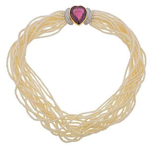 18K Gold Diamond Rubellite Pearl Bead Multi Strand Necklace 