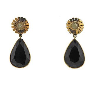 Antique 18k Gold Onyx Diamond Drop Earrings 