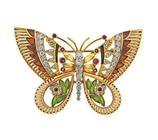 18K Gold Diamond Red Stone Enamel Butterfly Brooch Pendant