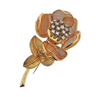 Continental 18k Gold Diamond Flower Brooch Pin