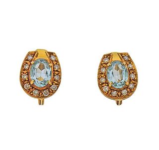 14K Gold Diamond Blue Stone Earrings 