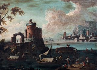 Scuola dell'Italia settentrionale, secolo XVII - Coastal landscape with tower and bystanders
