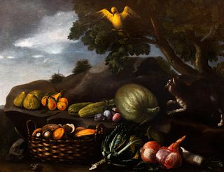 Scuola romana, secolo XVII - Still life with fruit, vegetables and a bird en plein air