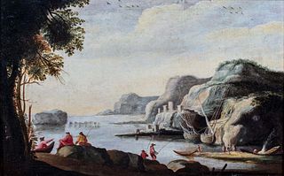 Scuola italiana, fine secolo XVIII - inizi secolo XIX - Coastal view with fishermen in the foreground