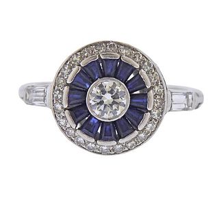 Mid Century Platinum Diamond Sapphire Ring 