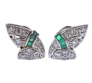 Art Deco Platinum 18K Gold Diamond Emerald Earrings