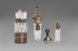 Lot consisting of 4 crystal and silver perfume holders