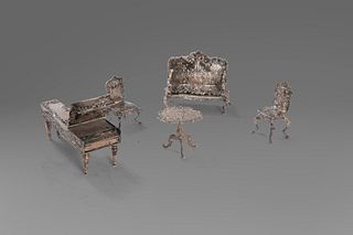 Lot of 5 miniature silver furniture: a piano, two chairs, a sofa and a coffee table