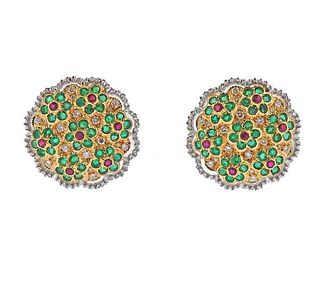18K Gold Diamond Emerald Ruby Earrings