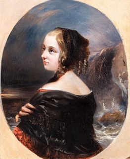 Scuola inglese, inizi secolo XIX - Portrait of young girl with coastal landscape in the background