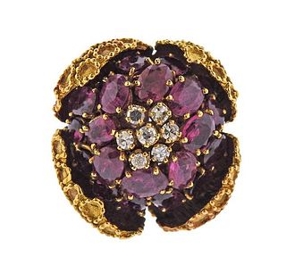 18K Gold Diamond Ruby Flower Dome Ring