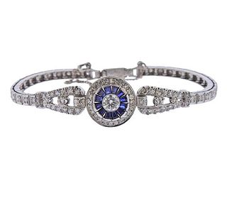 Mid Century Platinum Diamond Sapphire Bracelet 