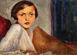 Scuola italiana, inizi secolo XX - Half-length portrait of young woman in an interior