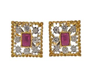 18K Gold Diamond Ruby Earrings