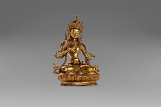 Bodhisattva in gilded bronze, resting on a lotus flower base, China, early 20th century