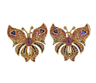 18K Gold Diamond Multi Color Stone Butterfly Earrings
