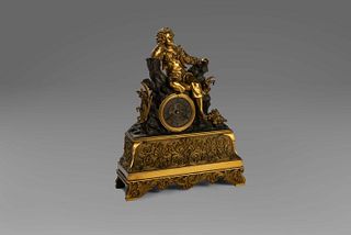 Clock in gilded bronze and dark patina, with a seated youth, 19th century