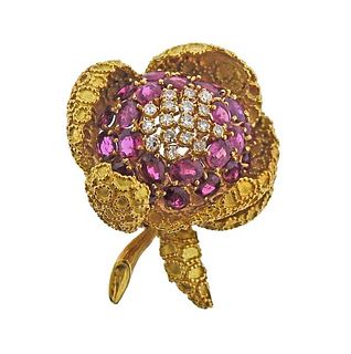 18K Gold Diamond Ruby Floral Brooch Pin