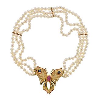 18K Gold Diamond Multi Color Stone Pearl Pendant on Necklace