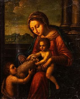 Scuola romana, secolo XVII - Madonna with Child, San Giovannino and a little lamb