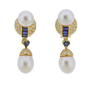 18K Gold Diamond Sapphire Pearl Drop Earrings