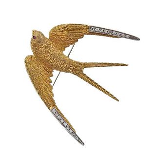 18K Gold Platinum Diamond Ruby Bird Brooch Pin