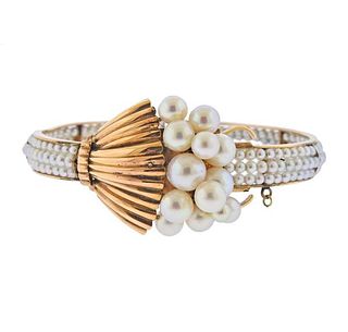 14k Gold 1960s Pearl Bangle Bracelet 