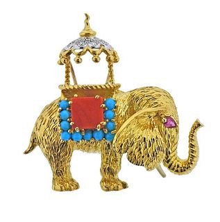 18K Gold Diamond Multi Color Gemstone Elephant Brooch Pendant