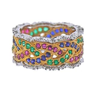 Buccellati Sapphire Emerald Ruby 18k Gold Band Ring