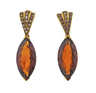 18k Gold Diamond Orange Stone Earrings 