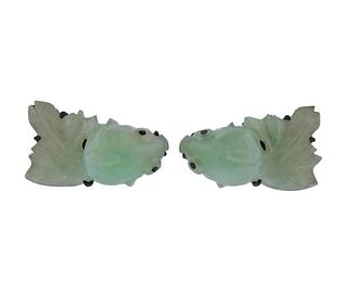 Carved Jade Fish Sterling Silver Earrings 