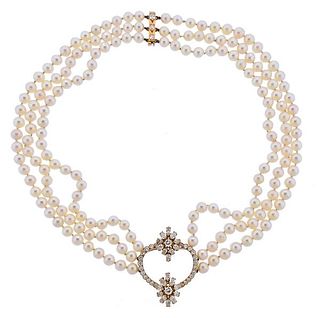 18K Gold Diamond Pearl Bead Necklace