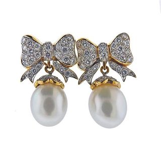 18K Gold Diamond Pearl Bow Day &amp; Night Earrings